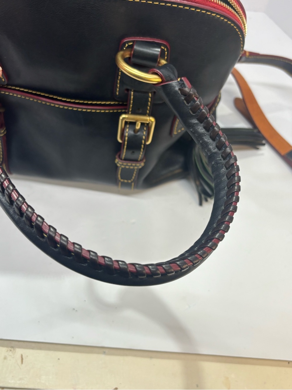 Dooney & Bourke Florentine Leather Satchel Black Red Large Crossbody Tassel - Picture 4 of 11